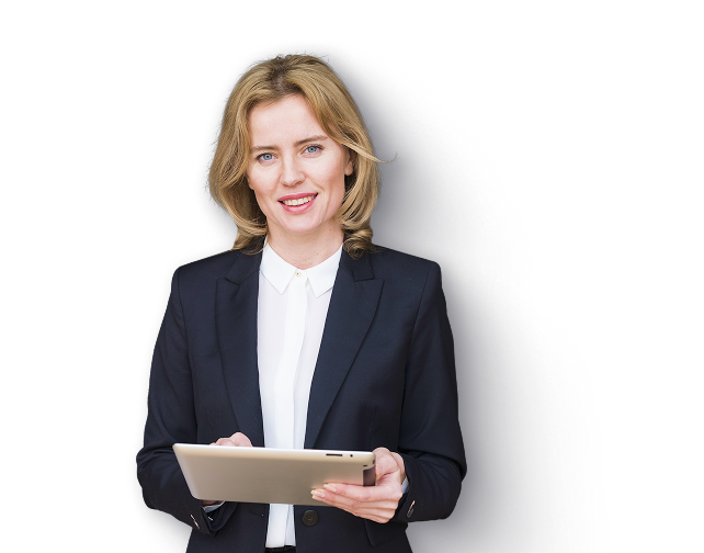 Girl in a suit with a tablet